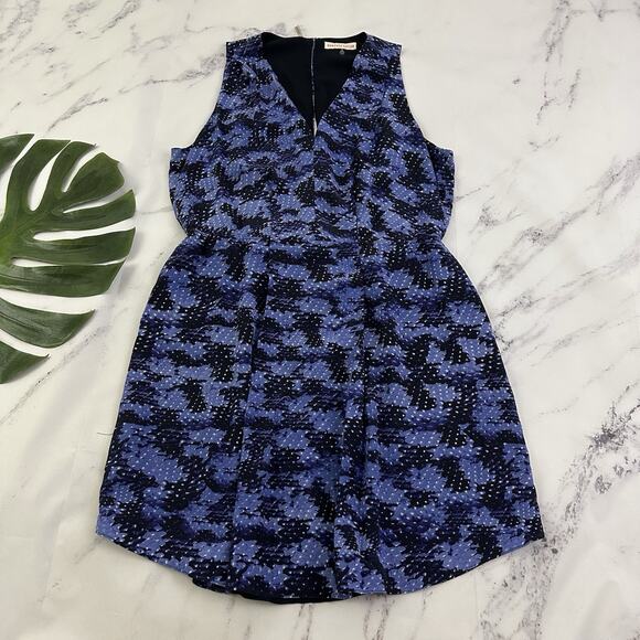 Rebecca Taylor Silk Dress Size 12 Purple Black Abstract Pleated Open Back Mini - Picture 1 of 10